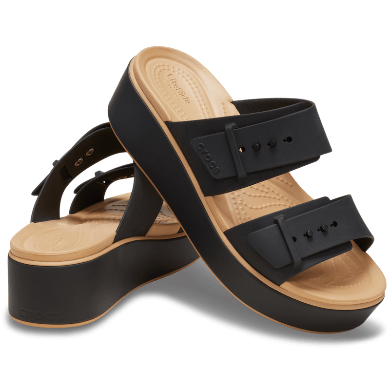 Brooklyn Buckle Low Wedge Matte Wrap Sandal - Black/Cashew
